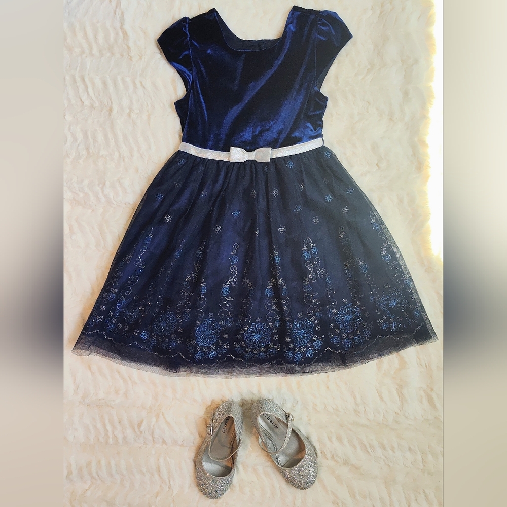 Jona Michelle Velvet Navy Dress with Silver Bow
